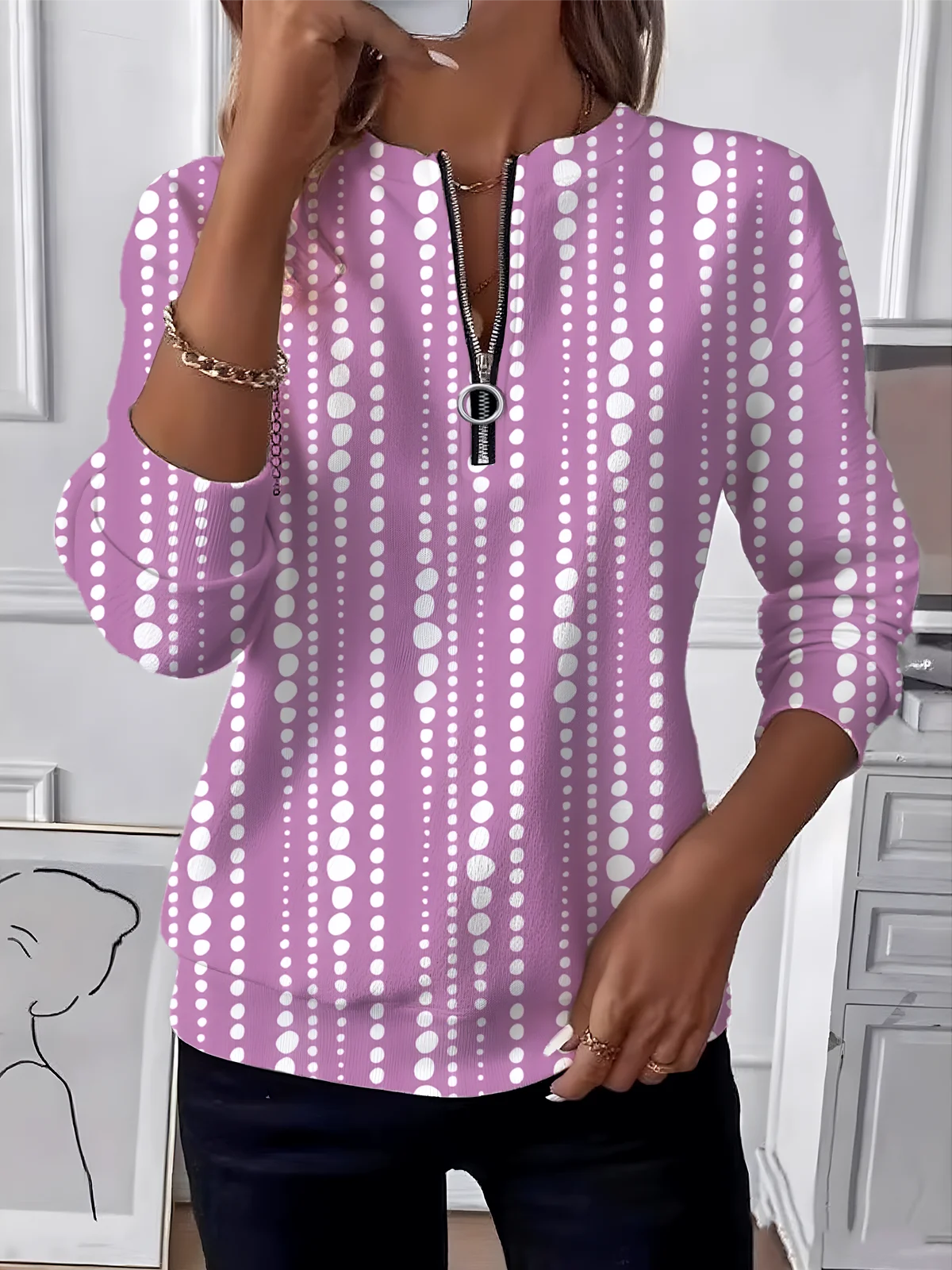 Women's Retro Polka Dot Design Everyday Long Sleeve Center Front Zip Sweatshirt