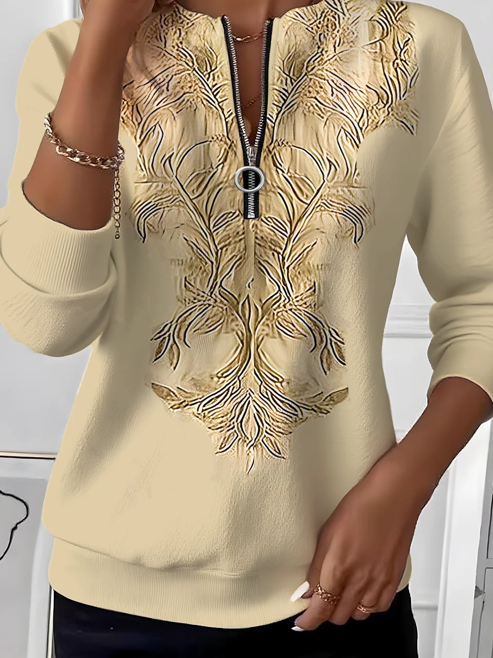 Women's Retro Art Graphic Design Everyday Long Sleeve Center Front Zip Sweatshirt