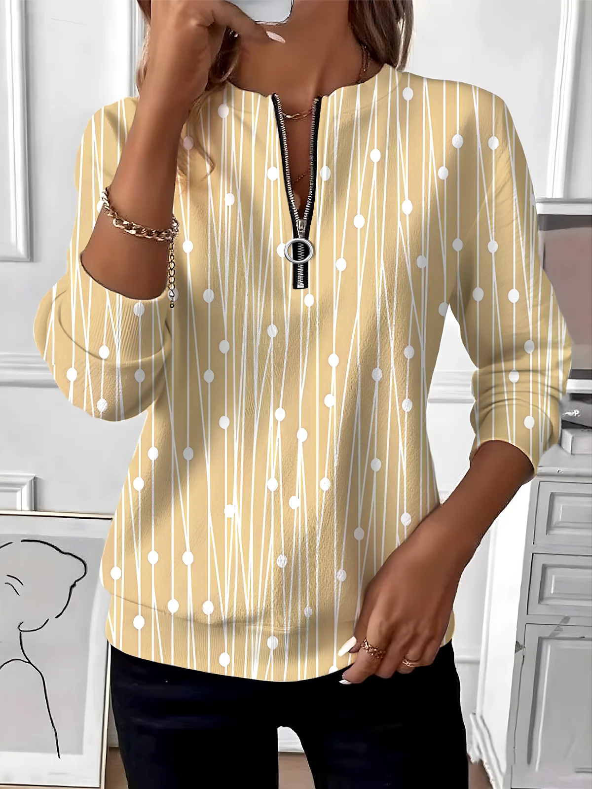 Women's Retro Polka Dot Design Everyday Long Sleeve Center Front Zip Sweatshirt