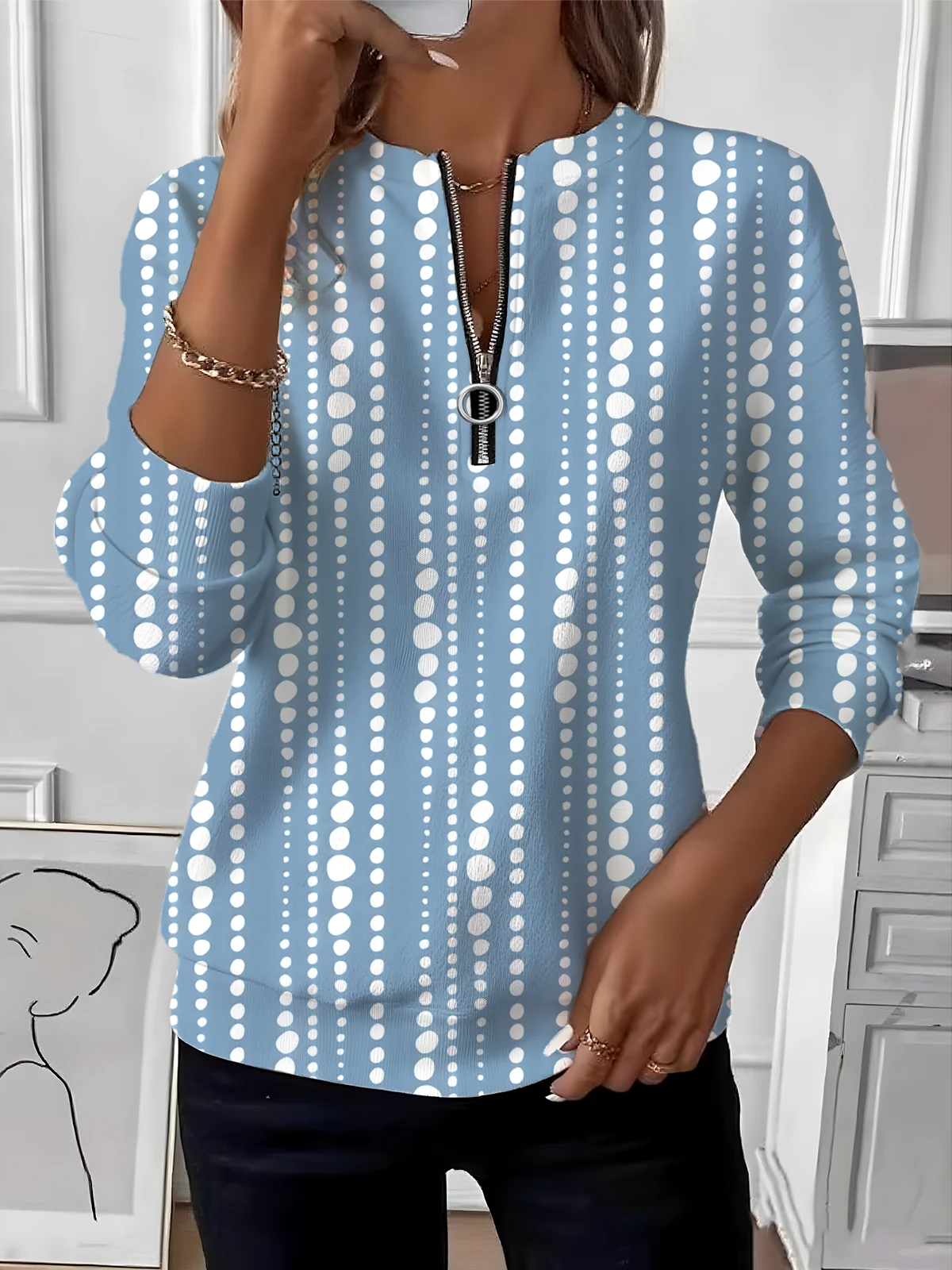 Women's Retro Polka Dot Design Everyday Long Sleeve Center Front Zip Sweatshirt