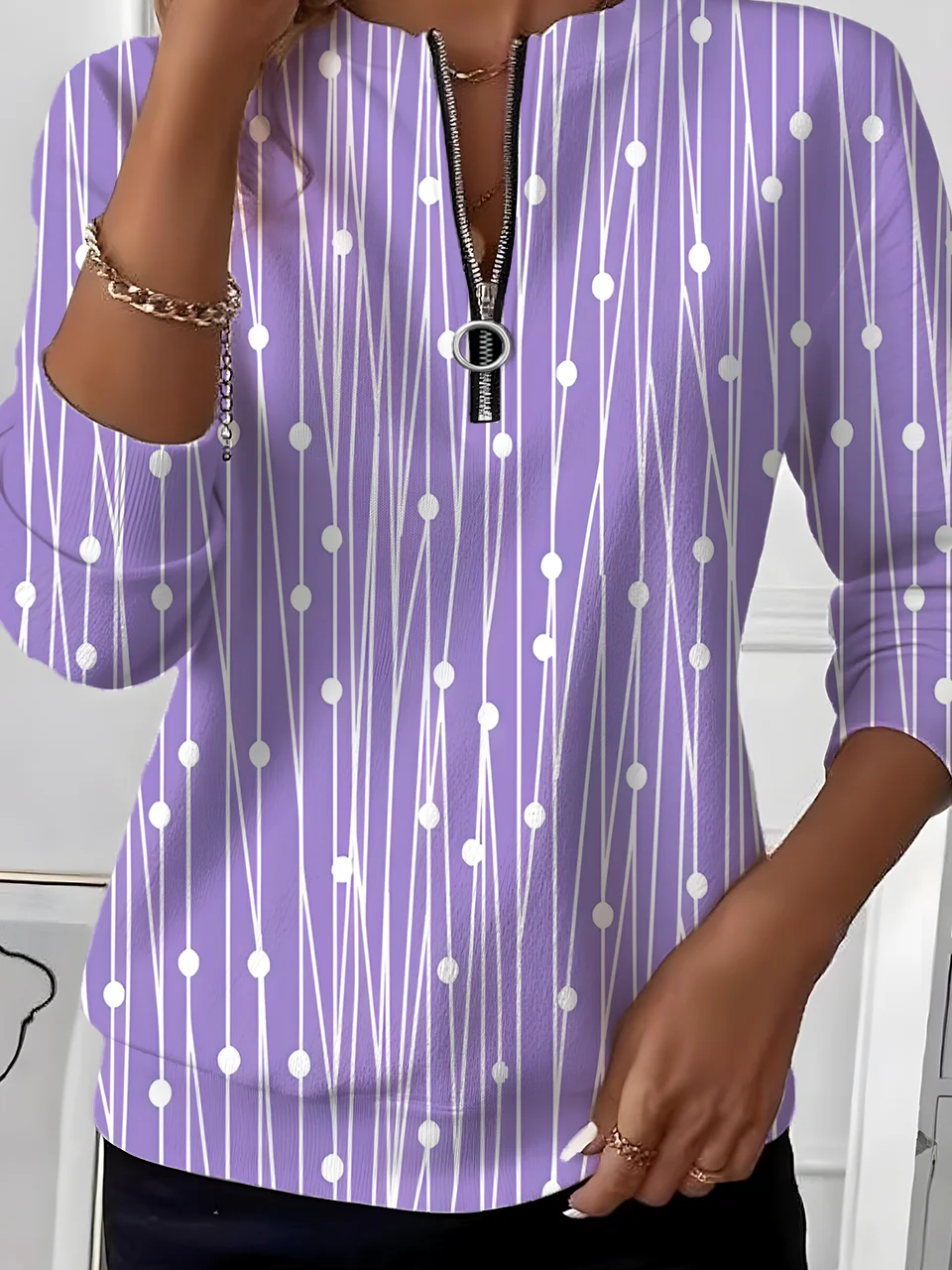Women's Retro Polka Dot Design Everyday Long Sleeve Center Front Zip Sweatshirt
