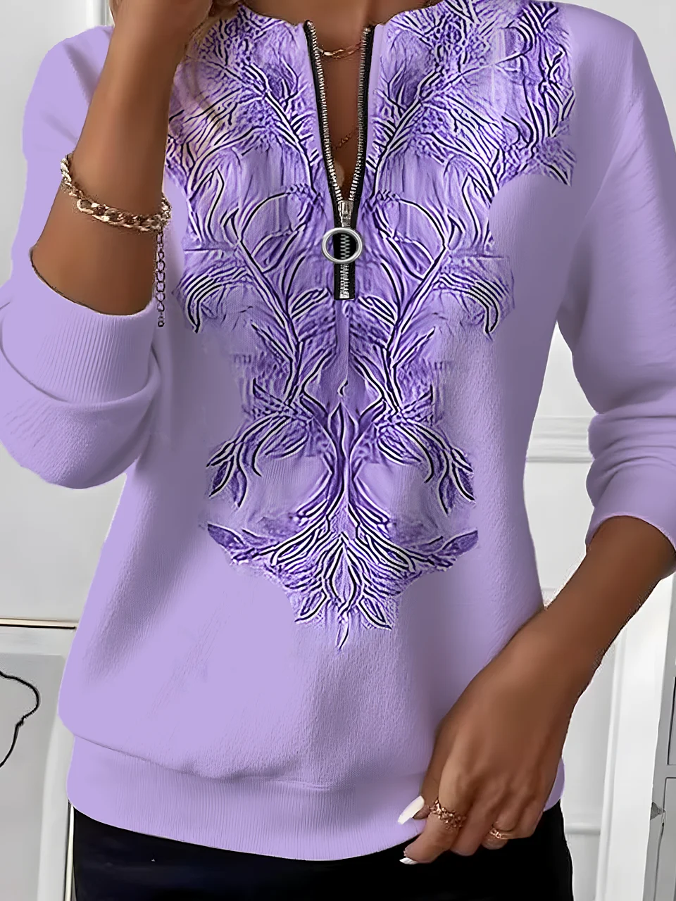Women's Retro Art Graphic Design Everyday Long Sleeve Center Front Zip Sweatshirt