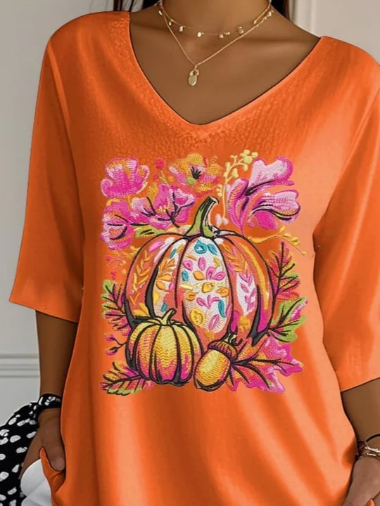 Women's Three Quarter Sleeve T-shirt Spring/Fall Orange Floral Printing V Neck Daily Going Out Casual Top