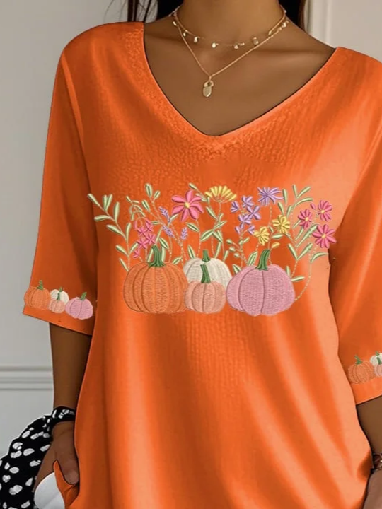 Women's Three Quarter Sleeve T-shirt Spring/Fall Orange Floral Printing V Neck Daily Going Out Casual Top