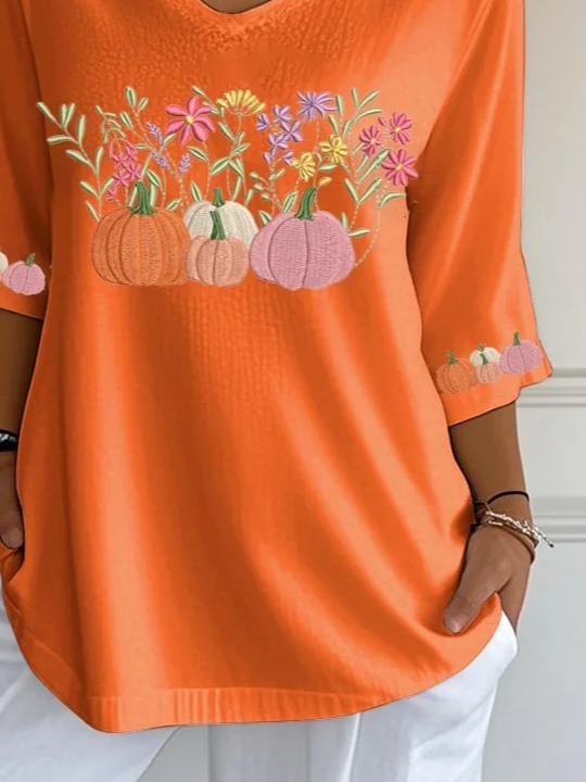 Women's Three Quarter Sleeve T-shirt Spring/Fall Orange Floral Printing V Neck Daily Going Out Casual Top
