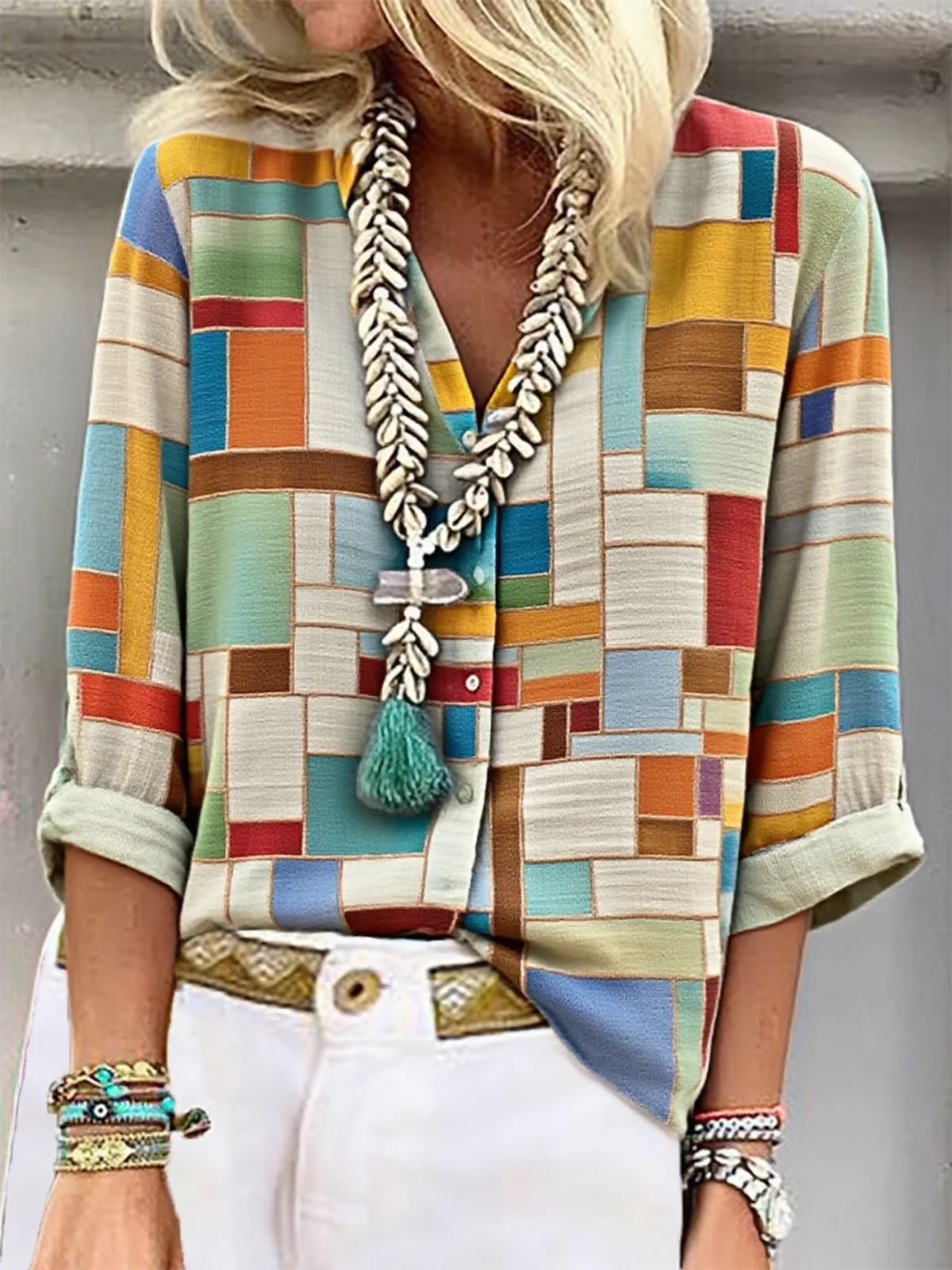 Women's Artistic Geometric Pattern Long Sleeve V-Neck Shirt Fashion Modern Daily Weekend