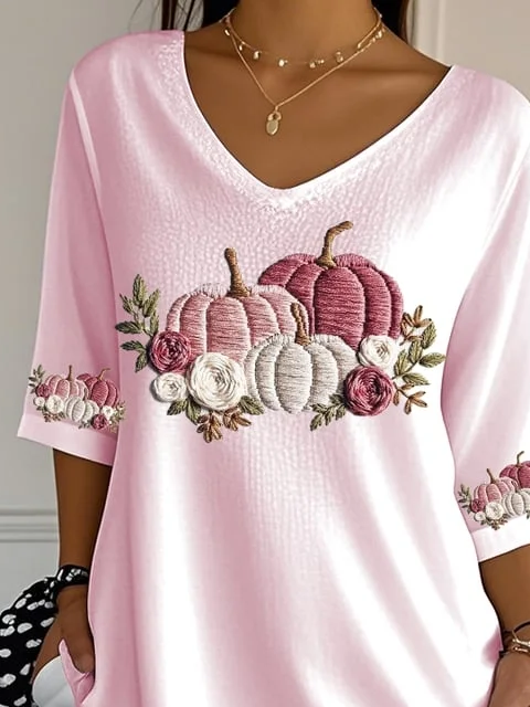 Women's Three Quarter Sleeve T-shirt Spring/Fall Pink Floral Printing V Neck Daily Going Out Casual Top