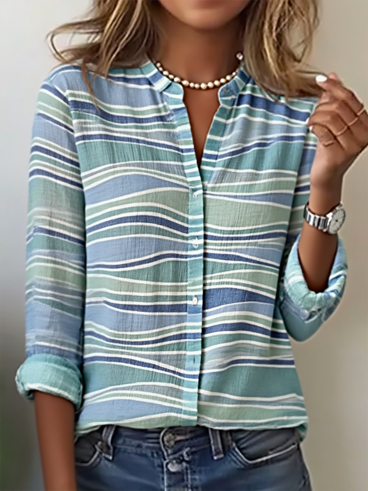 Women's Art Stripe Pattern Long Sleeve V-Neck Shirt Fashion Modern Daily Weekend