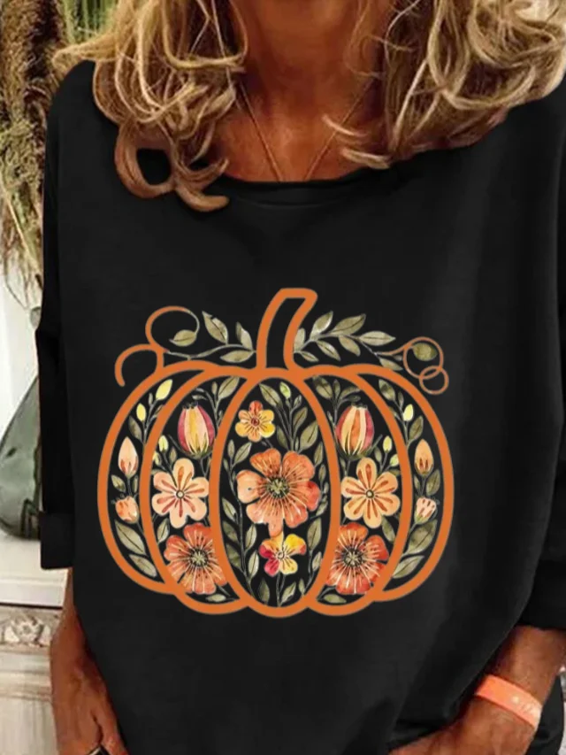 Women's Long Sleeve T-shirt Spring/Fall Black Floral Printing Crew Neck Holiday Going Out Casual Top