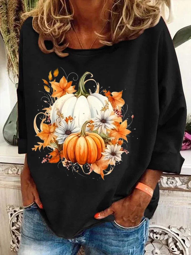 Women's Long Sleeve T-shirt Spring/Fall Orange Floral Printing Crew Neck Holiday Going Out Casual Top