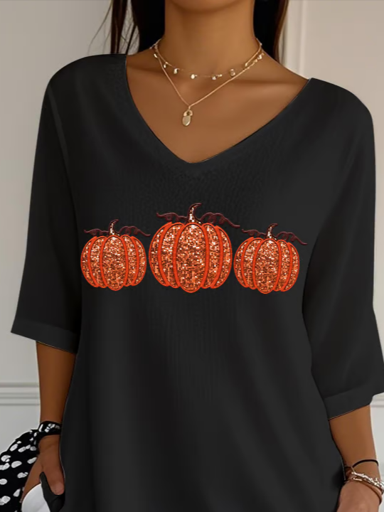 Women's Three Quarter Sleeve T-shirt Spring/Fall Black Halloween (pumpkin) Printing V Neck Daily Going Out Casual Top
