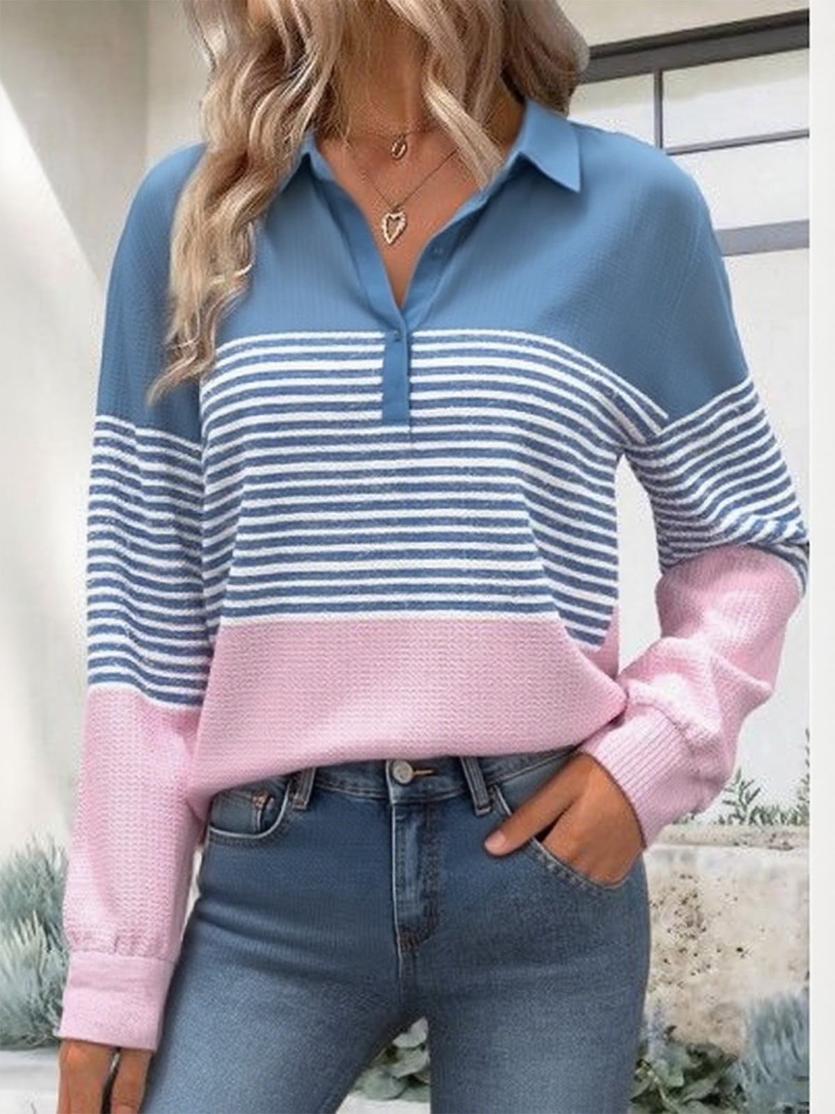 Women's Striped Color Block Pattern Long Sleeve Shirt Fashionable Modern Daily Weekend