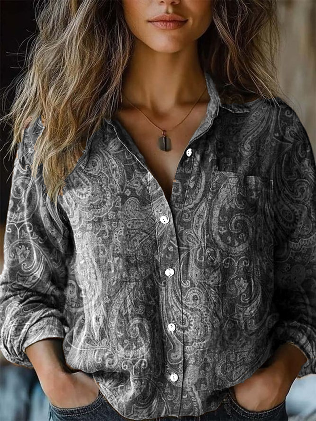 Paisley Shawl Collar Loose Casual Shirt