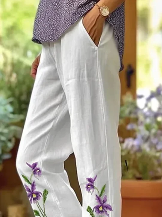 Women's  H-Line Baggy Pants Daily Going Out Pants White Casual Printing Floral Spring/Fall Pants