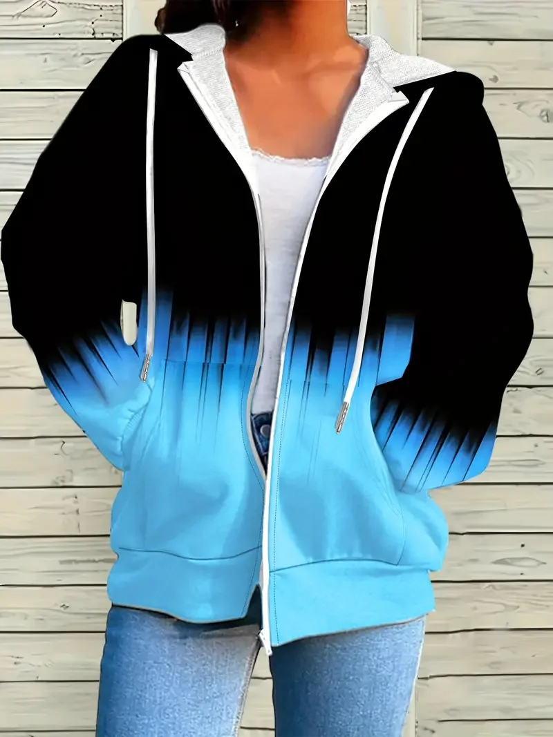 Women's Abstract Print Casual Long Sleeve Zipper Hooded Sweatshirt Jacket