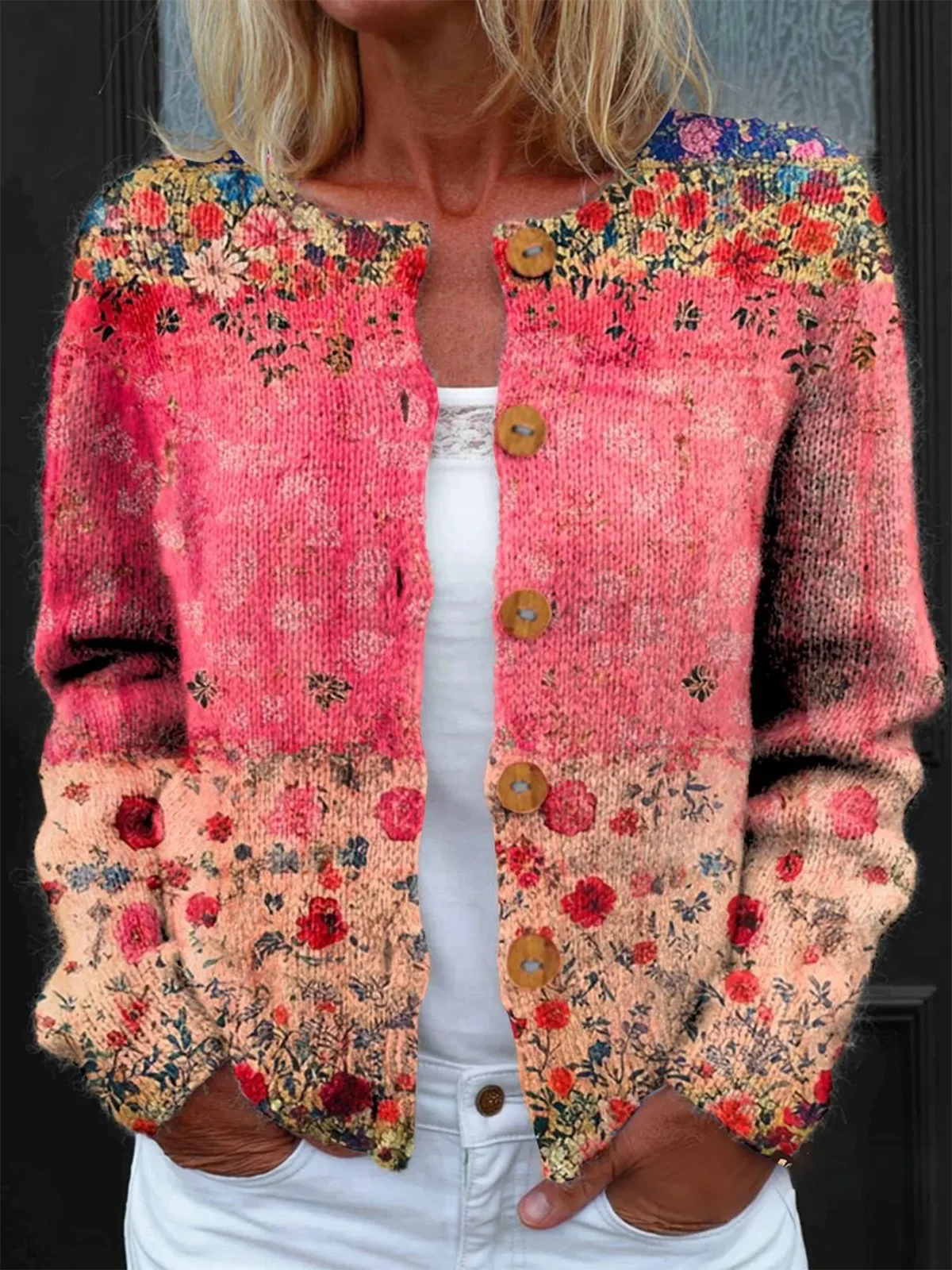 Women's Floral Pattern Art Print Button Cardigan Sweater