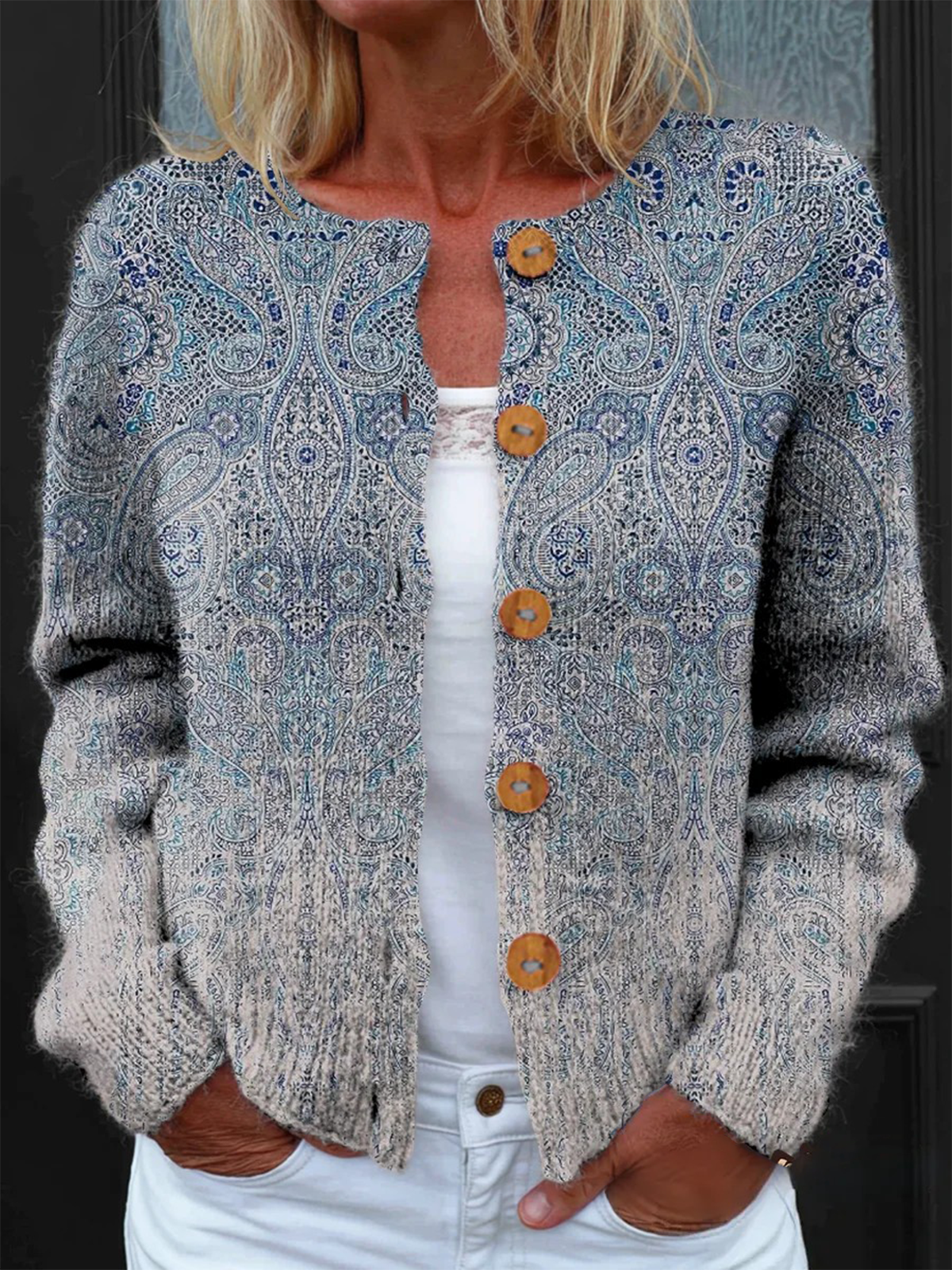 Women's Floral Pattern Art Print Button Cardigan Sweater