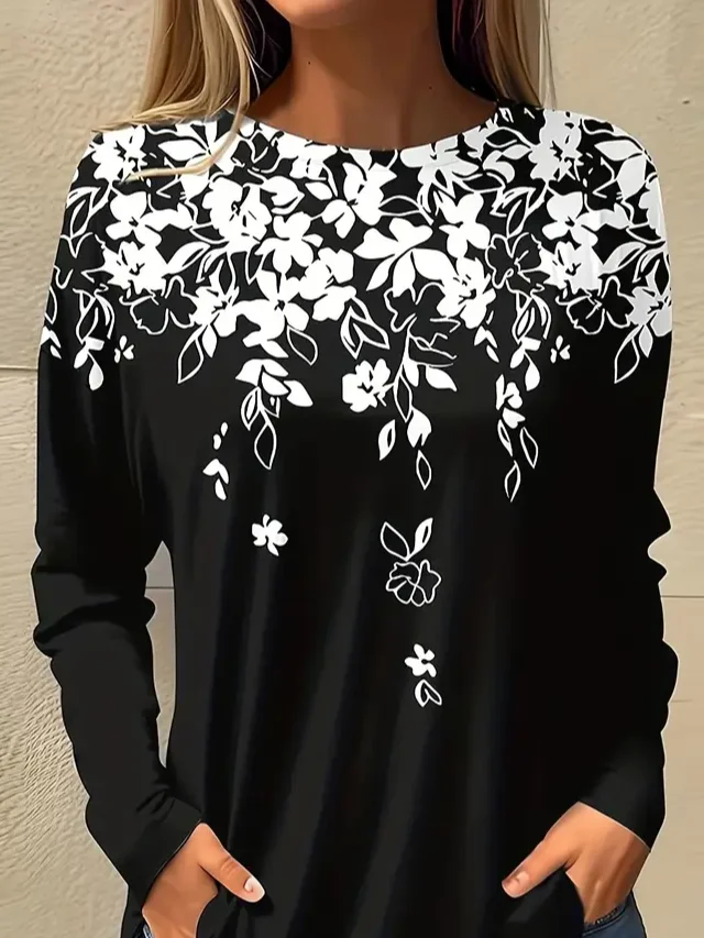 Women's Long Sleeve T-shirt Spring/Fall Black Floral Printing Jersey Crew Neck Daily Going Out Casual Top