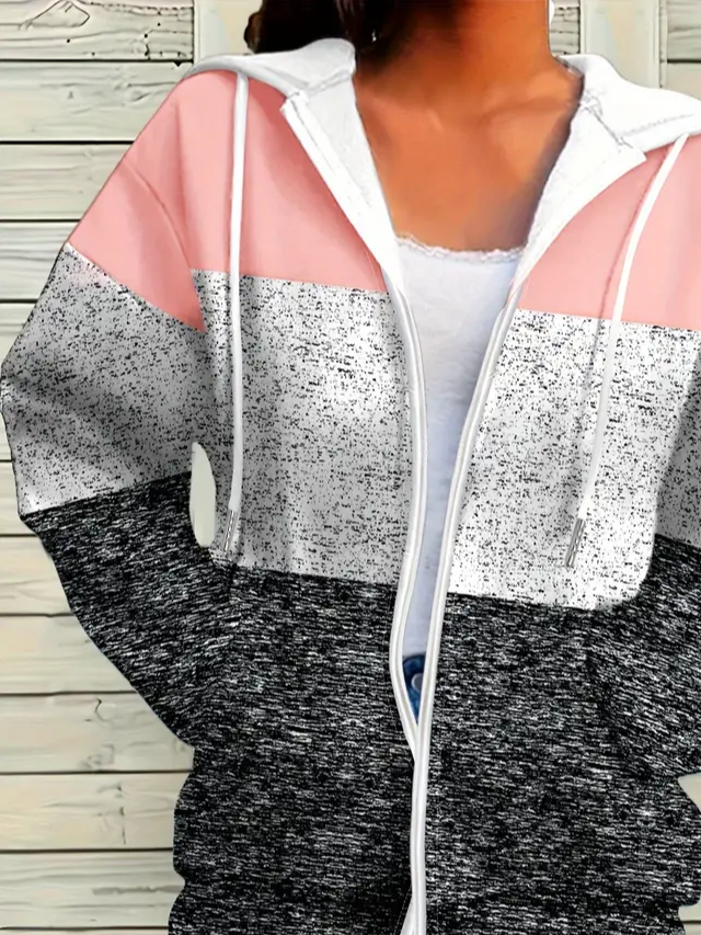 Women's Colorblock Printed Casual Long Sleeve Zipper Hooded Sweatshirt Jacket