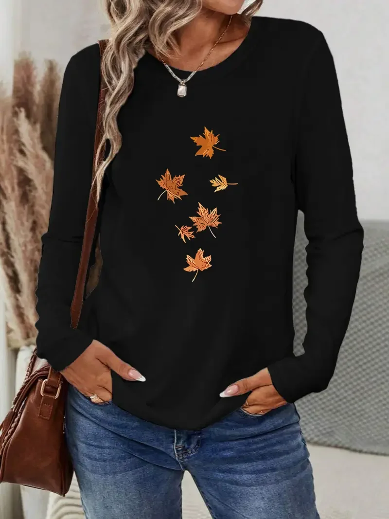 Women's Long Sleeve T-shirt Spring/Fall Yellow Maple Leaf Printing Jersey Crew Neck Daily Going Out Casual Top