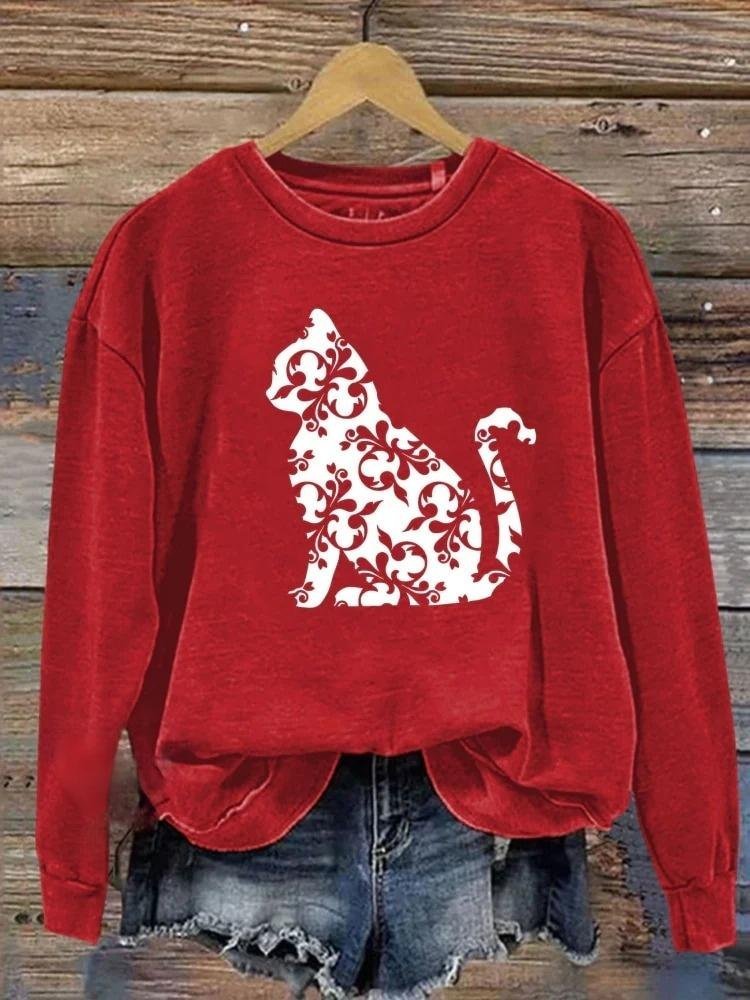 Cat Flower Print Casual Sweatshirt