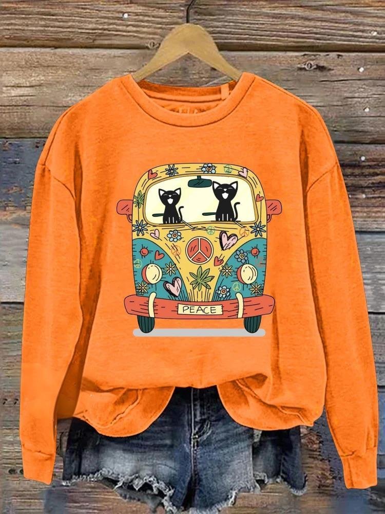 Peace Cat Bus Print Casual Sweatshirt