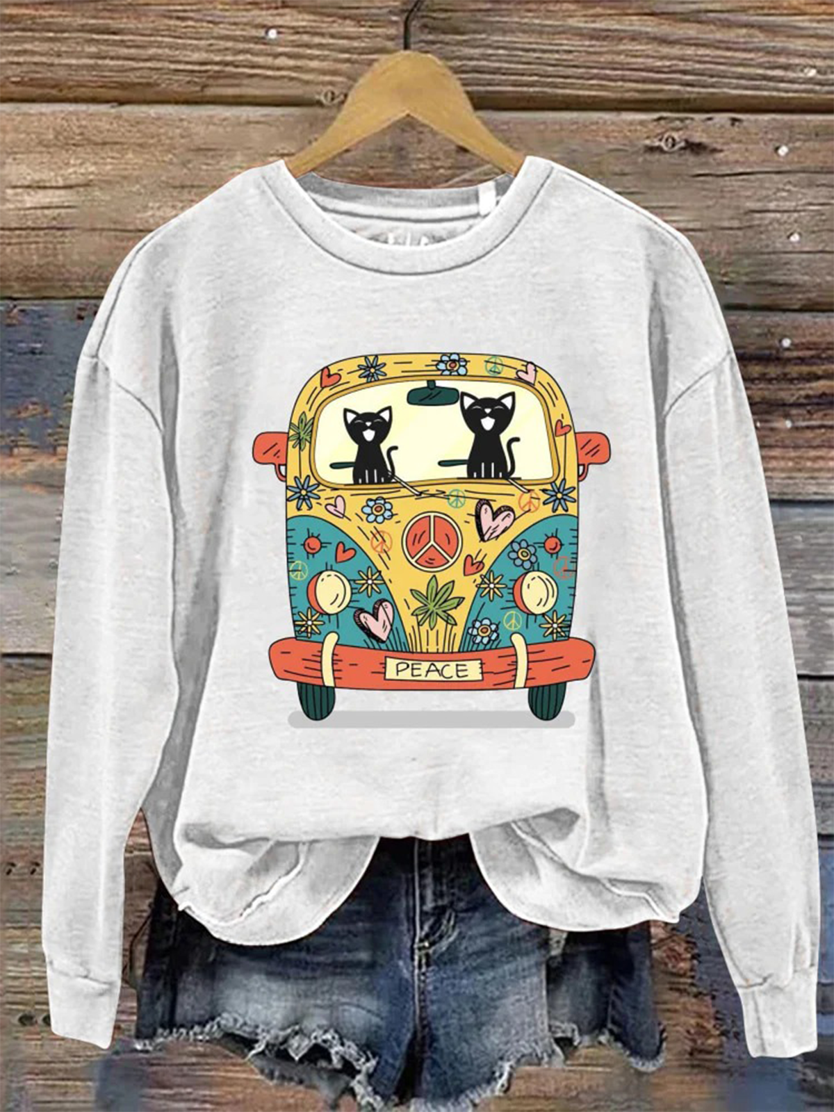 Peace Cat Bus Print Casual Sweatshirt