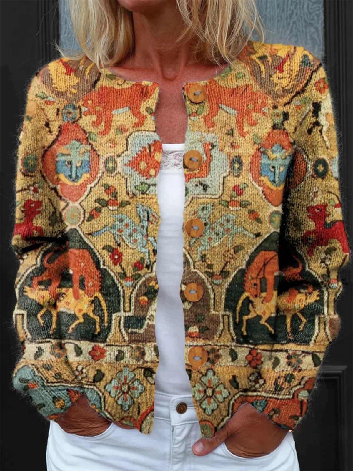 Women's National Totem Art Print Buttoned Cardigan Sweater