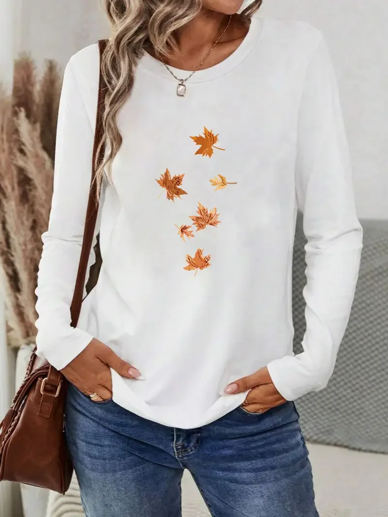 Women's Long Sleeve T-shirt Spring/Fall Yellow Maple Leaf Printing Jersey Crew Neck Daily Going Out Casual Top