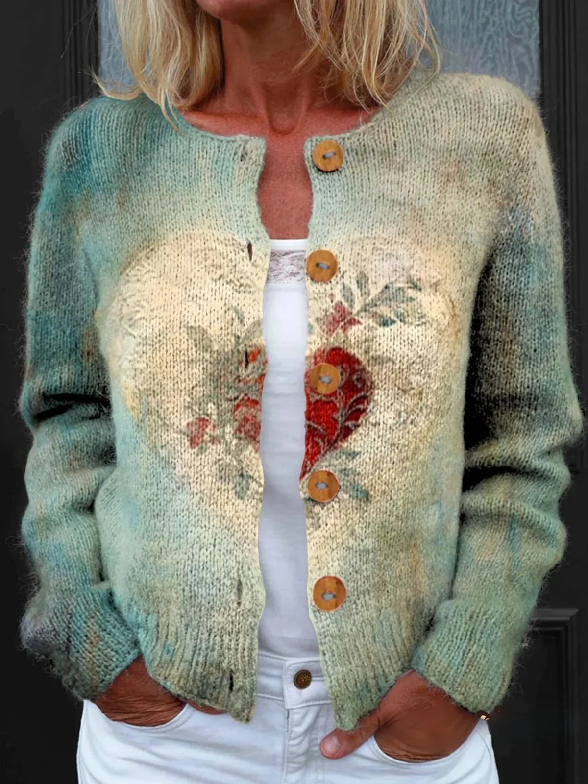 Casual Crew Neck Loose Geometric Cardigan