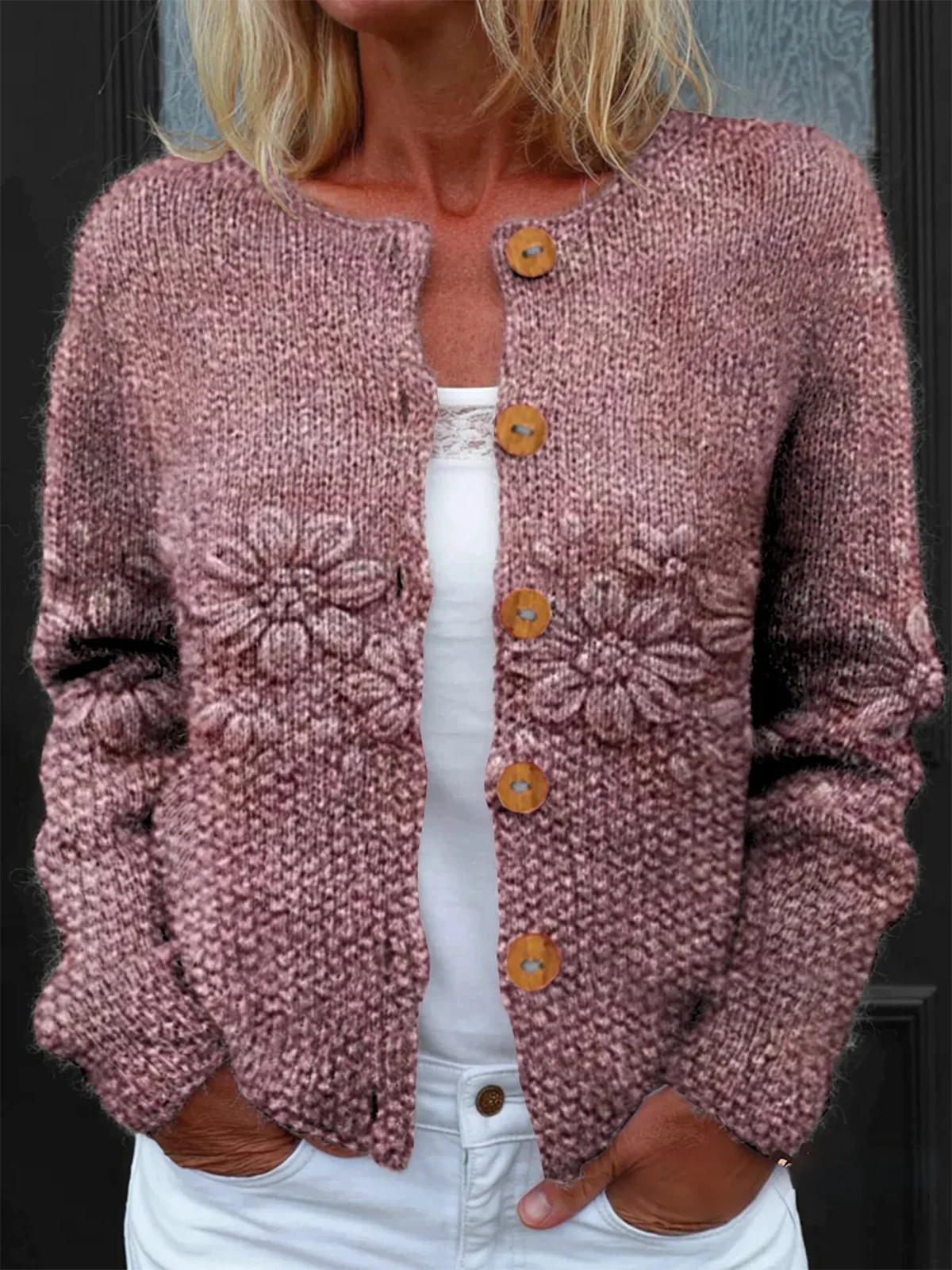 Knitted Peasant Crew Neck Loose Cardigan