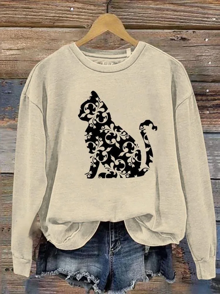 Cat Flower Print Casual Sweatshirt