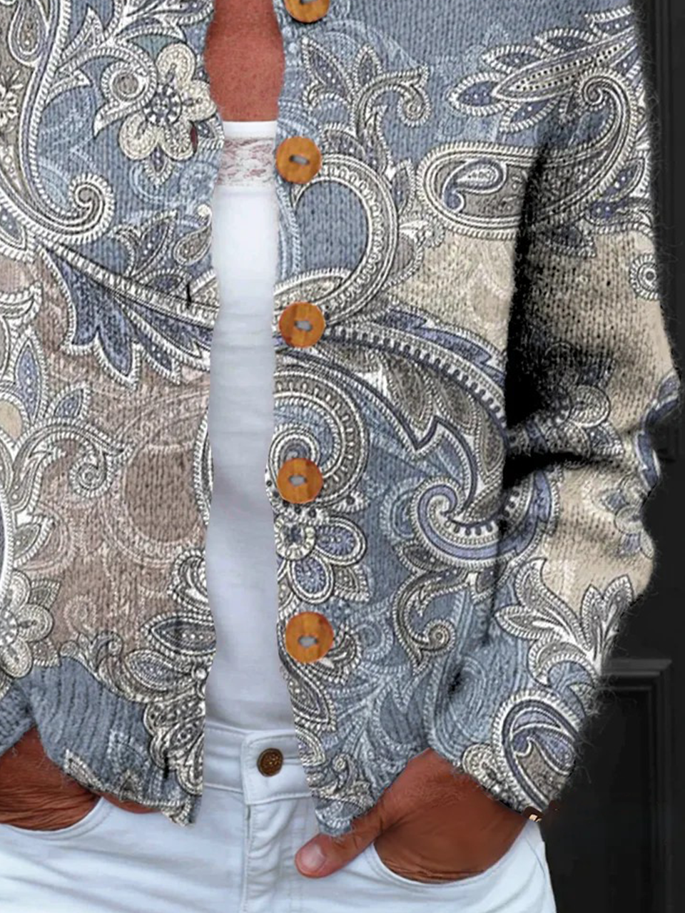 Women's Ethnic Paisley Art Pattern Print Buttoned Cardigan Sweater