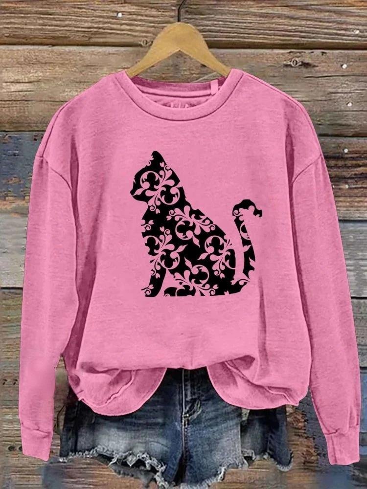 Cat Flower Print Casual Sweatshirt