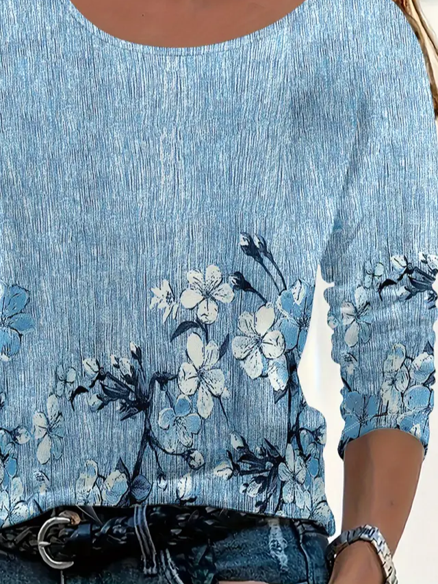 Women's Long Sleeve T-shirt Spring/Fall Blue Floral Printing Jersey Crew Neck Daily Going Out Casual Top