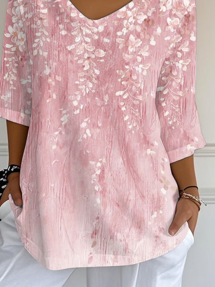 Women's Three Quarter Sleeve T-shirt Spring/Fall Pink Floral Printing V Neck Daily Going Out Casual Top