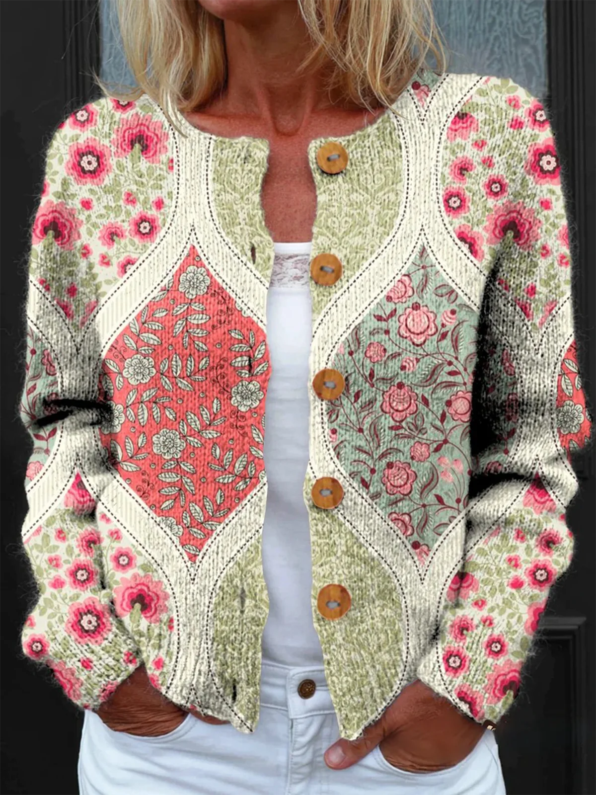 Retro Floral Pattern Art Print Button Cardigan Sweater