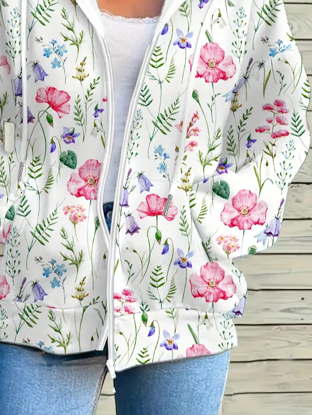 Women's Floral Print Casual Long Sleeve Zipper Hooded Sweatshirt Jacket