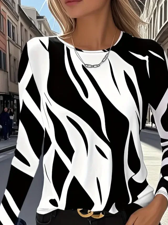 Women's Long Sleeve T-shirt Spring/Fall Black-white Abstract Printing Jersey Crew Neck Daily Going Out Casual Top