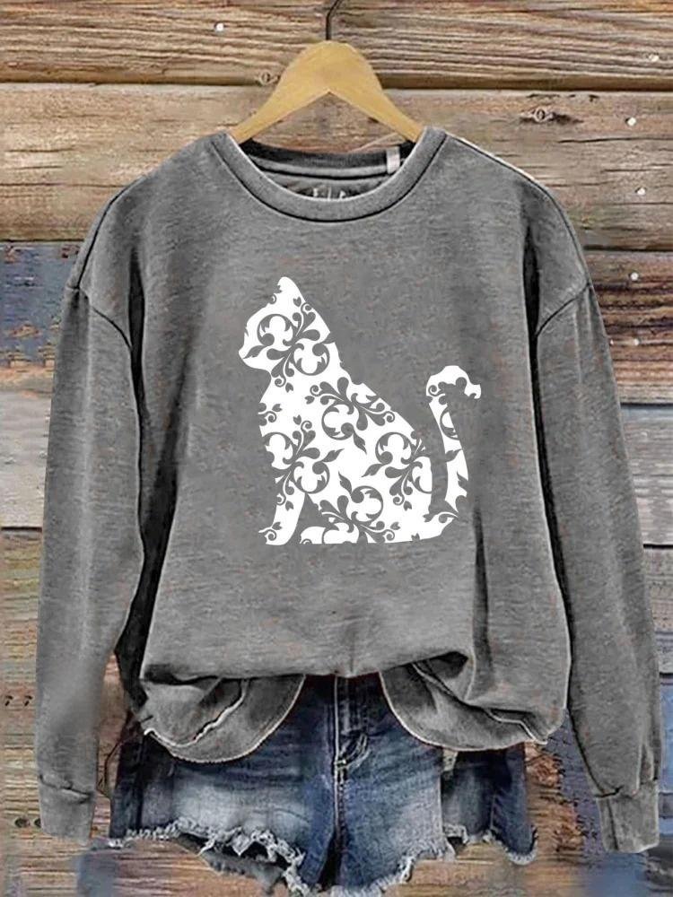 Cat Flower Print Casual Sweatshirt