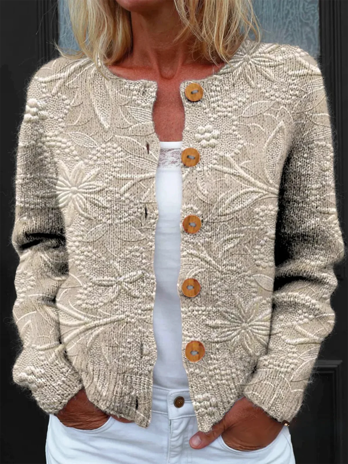 Knitted Crew Neck Loose Peasant Cardigan