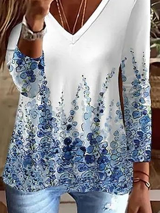 Women's Long Sleeve T-shirt Spring/Fall White Abstract Printing Jersey V Neck Daily Going Out Casual Top