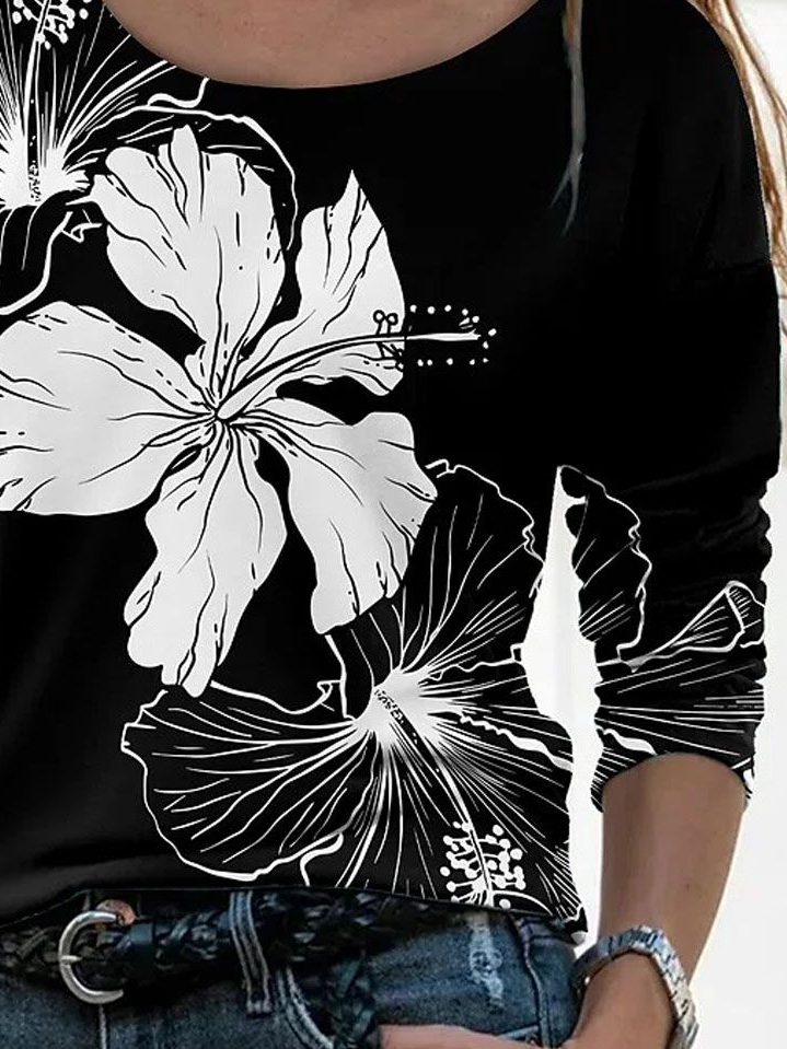 Women's Long Sleeve T-shirt Spring/Fall Black Floral Printing Jersey Crew Neck Daily Going Out Casual Top