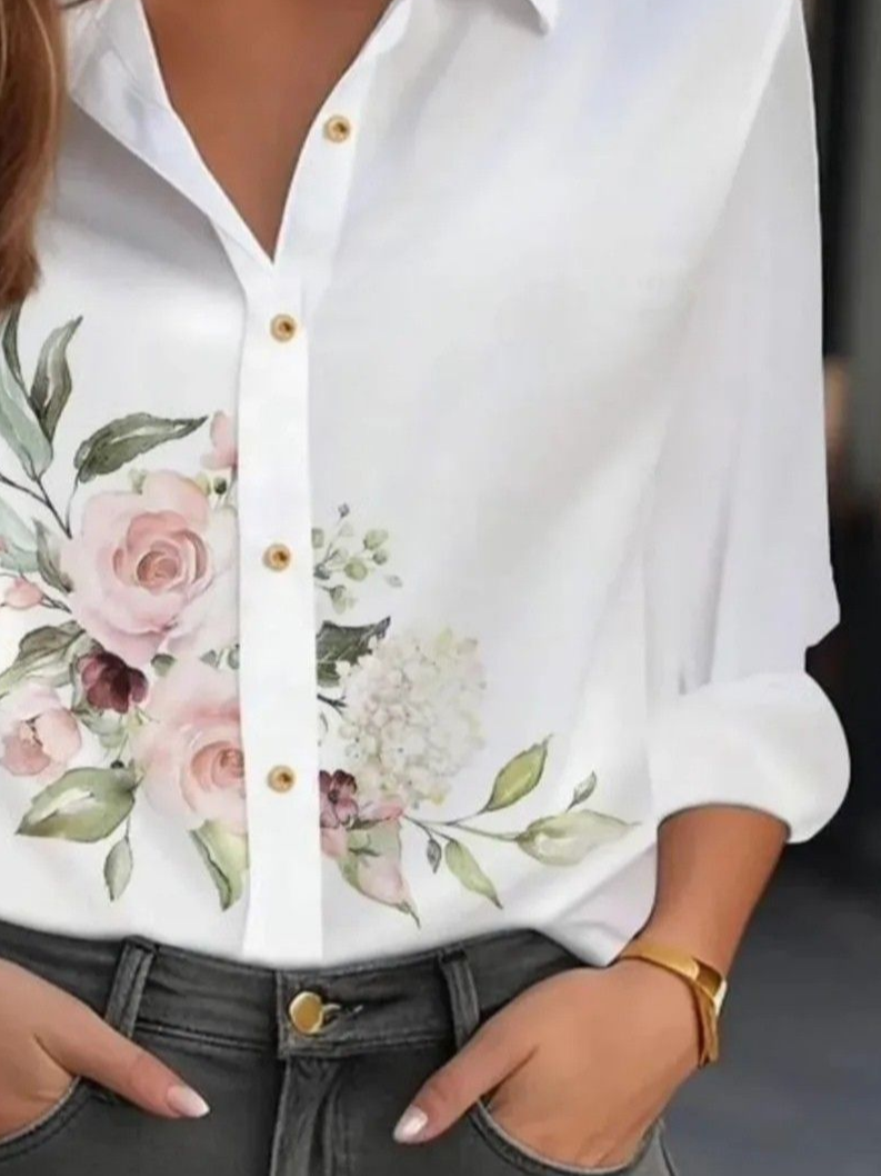 Women's Long Sleeve Shirt Spring/Fall White Floral Buckle Shirt Collar Regular Sleeve Daily Going Out Casual Top