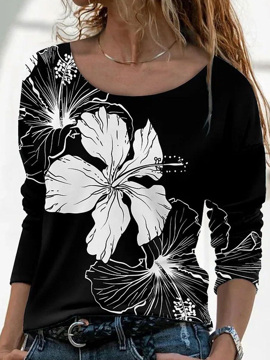 Women's Long Sleeve T-shirt Spring/Fall Black Floral Printing Jersey Crew Neck Daily Going Out Casual Top