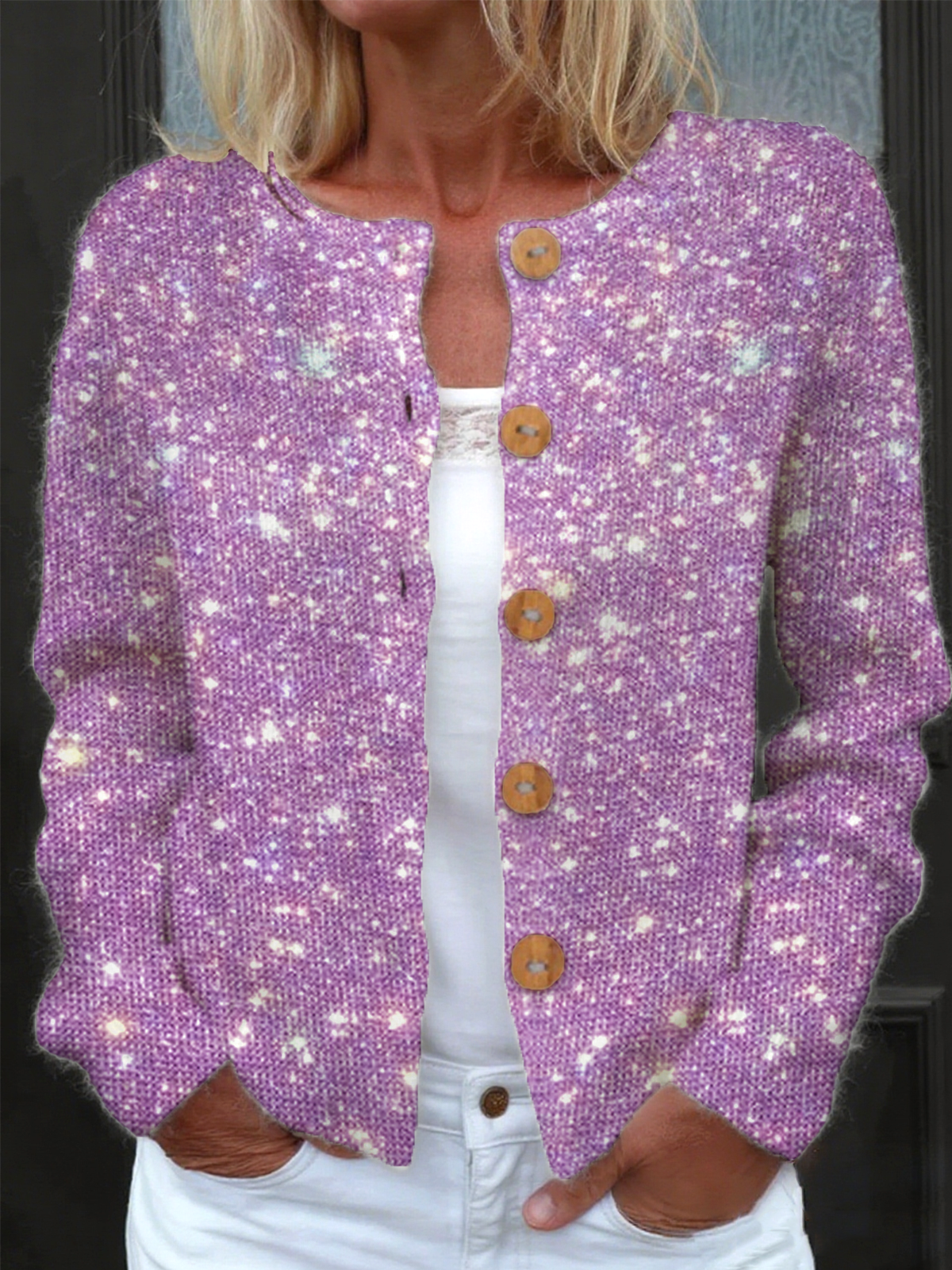 Women's Party Glitter Pattern Art Print Button Cardigan