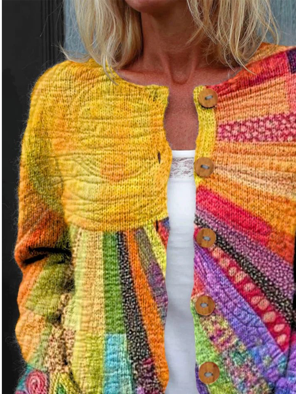 Women's Colorful Patchwork Sun Pattern Artistic Print Button Cardigan Sweater