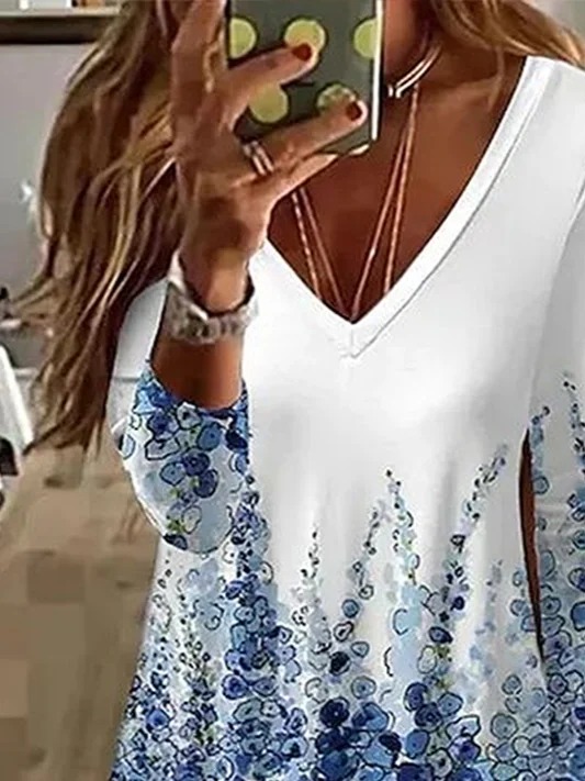 Women's Long Sleeve T-shirt Spring/Fall White Abstract Printing Jersey V Neck Daily Going Out Casual Top