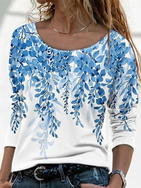 Women's Long Sleeve T-shirt Spring/Fall Blue Floral Printing Jersey Crew Neck Daily Going Out Casual Top