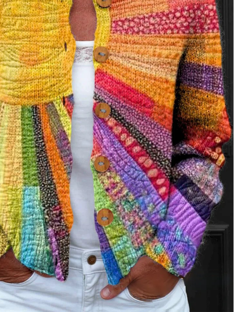 Women's Colorful Patchwork Sun Pattern Artistic Print Button Cardigan Sweater